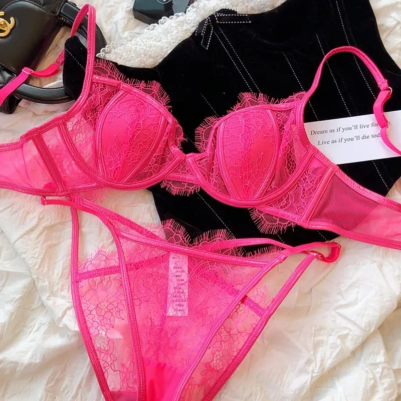 Summer Color Lace Underwear Set Sexy Thin Cup Breathable Bras Women Hollow Panties Set Female Deep V Push Up Brassiere Lingerie — image 9