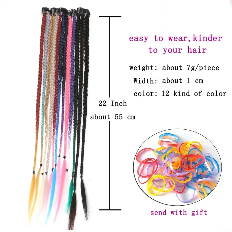 Synthetic 5 Pcs/Lot Clip-in Extensions For Women Ponytail Rainbow Braid Hair Extension 22 Inch Ombre Hairpiece Pink Black Green