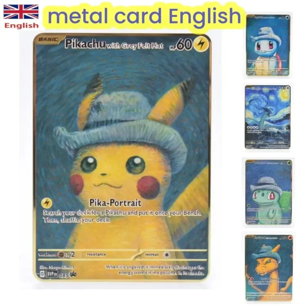 Van Gogh Museum Pokemon English Metal Card Anime Pikachu Charizard Mewtwo Shiny Letters Game Collection Card Kids Toy Gifts — image 1