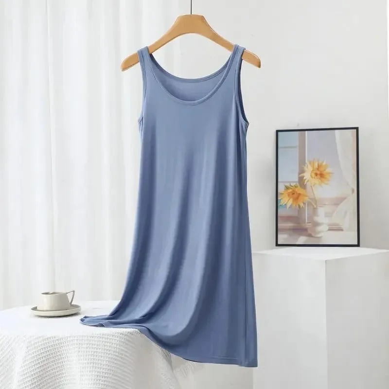 Plus Size Modal Long Dress Women's Spring Summer Loose A- Line Bottoming Skirt Home Sleepwear Sleeveless Pure Color Gown