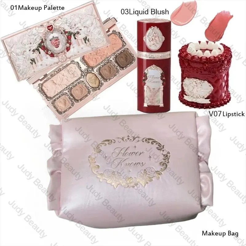 Makeup Flower Knows Set Shell Pearl Series Six Color Eyeshadow Palette Embossed Blusher Shine Lipstick Kit With Bag All In