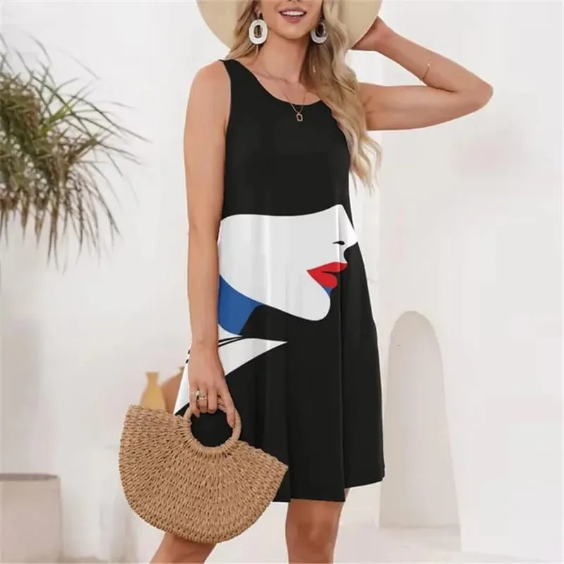 Face Pattern Women Fashion Mini Dresses Summer Sleeveless 3D Printing Street Ladies Dress 3XL Plus Size Casual Dress
