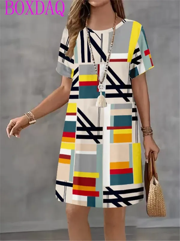 2025 New Women's Dresses Graphic Print Elegant Beautiful Mini Dresses Female Summer Loose Short Sleeve O-Neck Print A-Line Dress