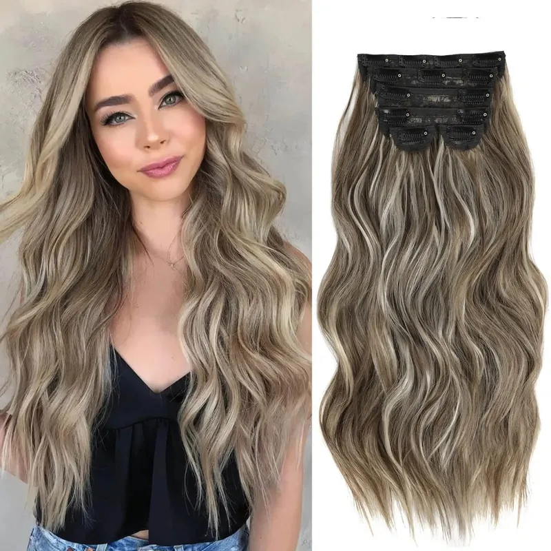 Synthetic Long Wavy Clip In Hair Extensions 20" Thick Hairpiece 6pcs/set For Women Brown Blonde Black Natural Fake Fiber Hair — image 11