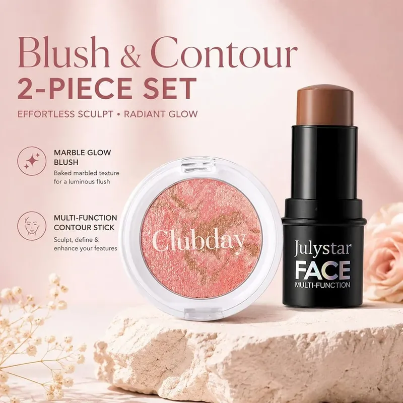 Blush & Contour 2‑Piece Set Marbled Baked Blush Powder & Contour Stick Blendable for Natural Sculpted Daily Face Makeup — image 2