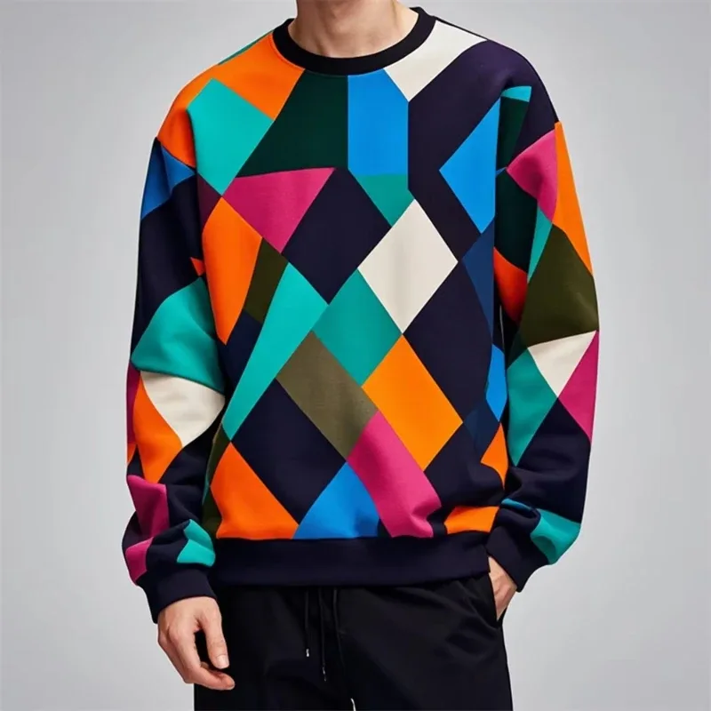 Fall Fashion Pullover Sweatshirt For Men 3d Colorful Geometry Graphic Print Round Neck Neck Hoodies Pullover Casual Male Clothes — image 5