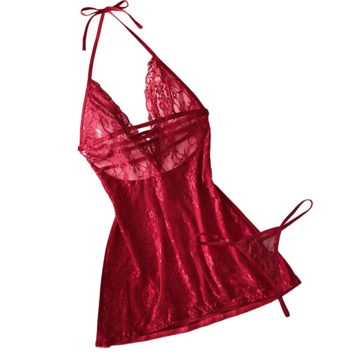 Women's Transparent Red Lace Sexy Underwire Bra Set Bikini Skirt Thin Three Point Lingerie Tempting Lace Up Hot Selling Item — image 1