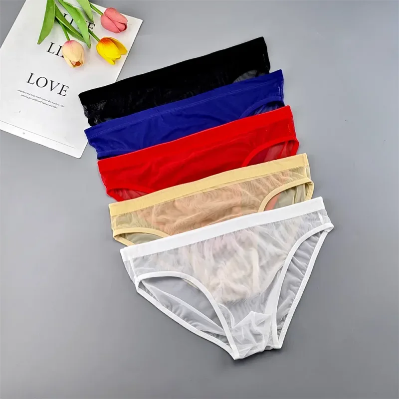 5pcs Transparent Mesh Underwear for Men Ultra-thin Perspective Mid-rise Male Pouch Slips Homme Panties Plus Size