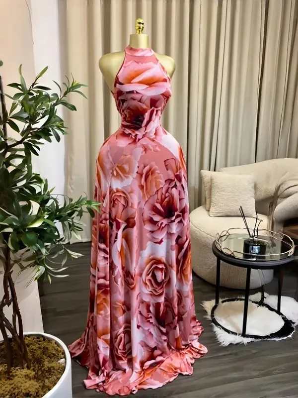 Kvinder trykt ærmeløs med bindepasform og flare A-line Maxikjole 2026 Streetwear Strandferie Lange kjoler Vestido — image 12