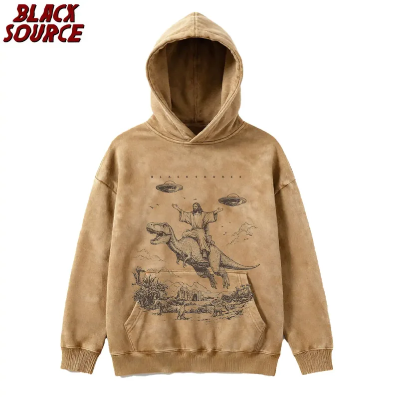 T075 Cartoon Dinosaur Print Hoodie, Women's Unisex Vintage Pullover Sweatshirt, Casual Distressed Design for Daily Wear — image 2