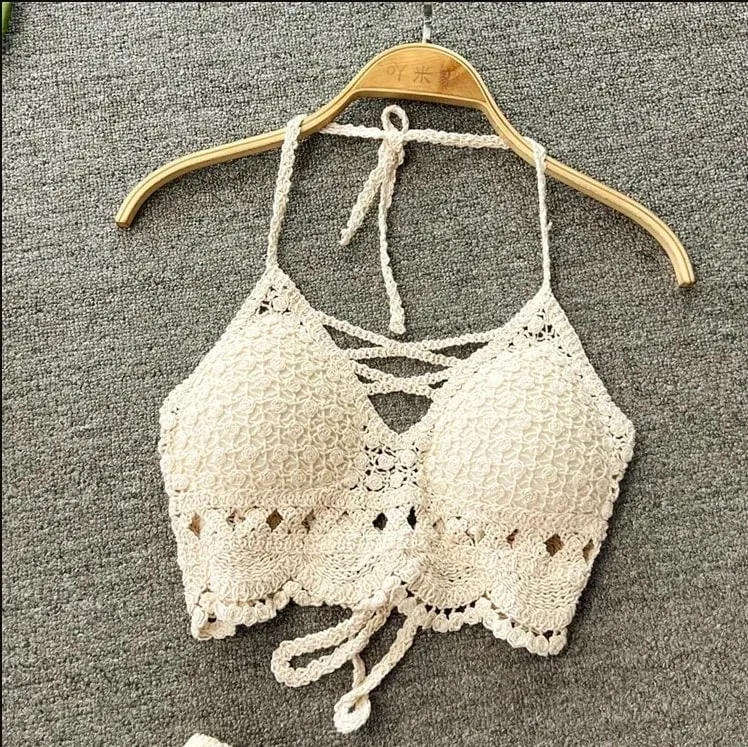 2026 Crop Tops Retro Wild Hollow Perspective Tassel Sexy Spaghetti Strap Tanke Top Women Built In Bra New Back Lace Halter Neck — image 13