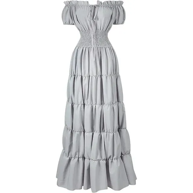 Elegant Medieval Renaissance Dress Boho Short Sleeves Off Shoulder Smocked Waist Retro Pleated Long Dress Costume Gown — image 18