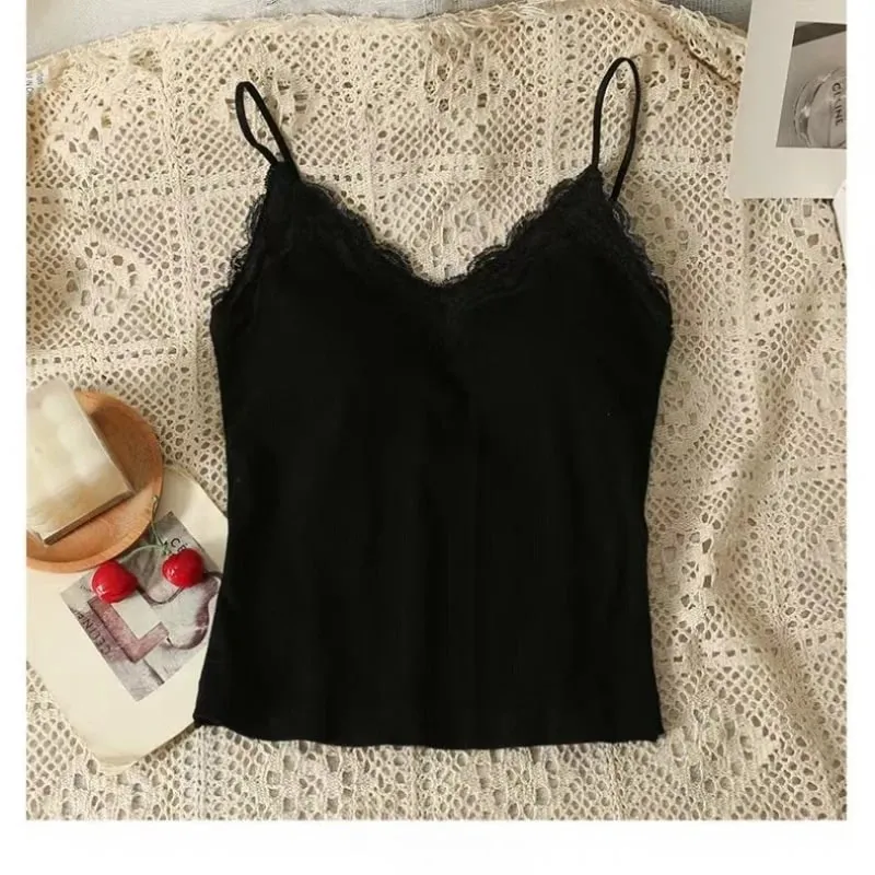 Women Sleeveless Tank Tops Solid Color Korean Version V Neck Slim Fashion Lace Stitching With Chest Pad Camisole