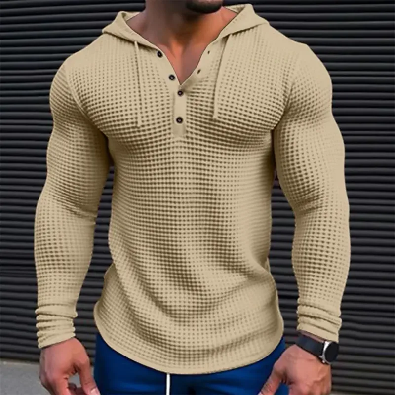 Spring Solid Color Slim Fit Long Sleeved T-shirt Men's Hooded Breathable Sports Top Waffle Cotton Casual Long Sleeved Shirt