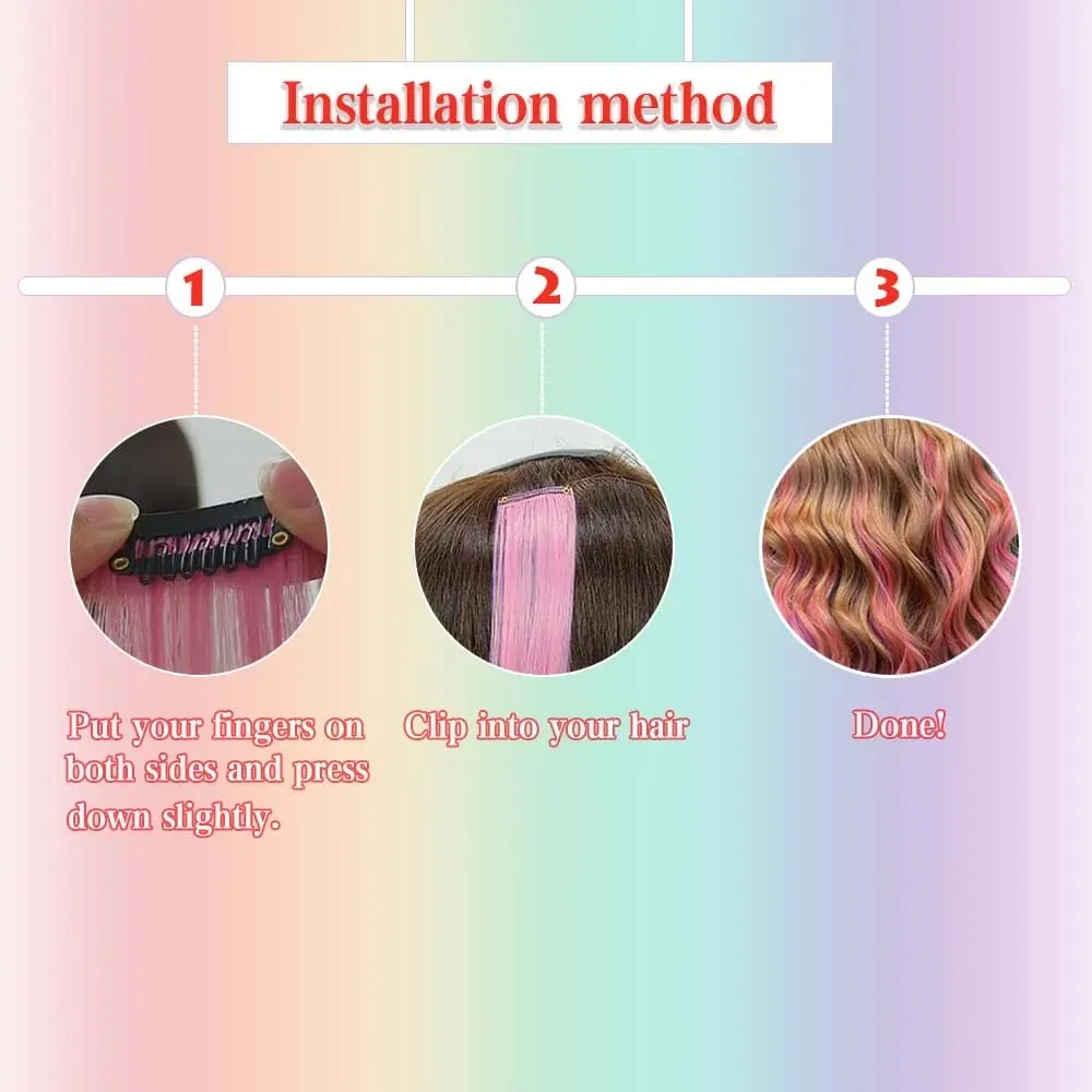 7 Pack Rainbow Color Block synthetic Hair Extensions Colorful Women's Wigs Highlight Color Straight Clip-in Hair Extensions — image 4