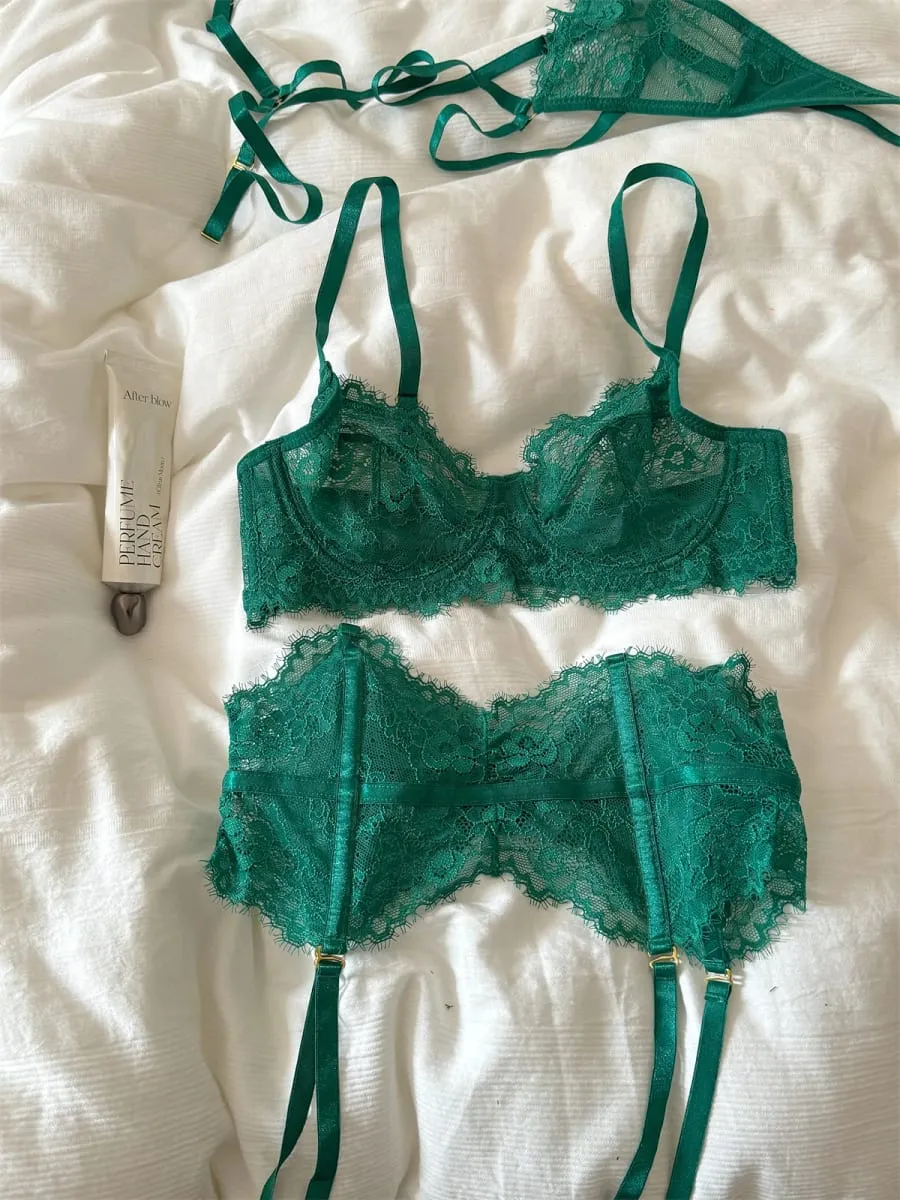 Lace mesh thin section lingerie large breast underwear sexy lace bra set women breathable green romantic bralette — image 3