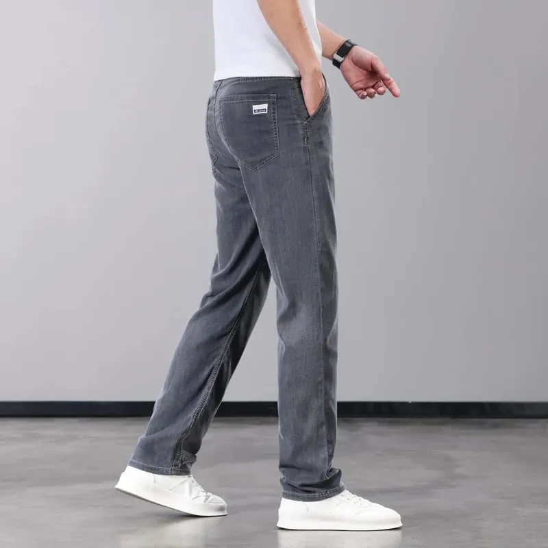 Summer Thin Men's Jeans Lyocell Fabric Soft Breathable Straight Denim Pants Brand Man Elastic Ice Silk Casual Trousers Grey Blue — image 11