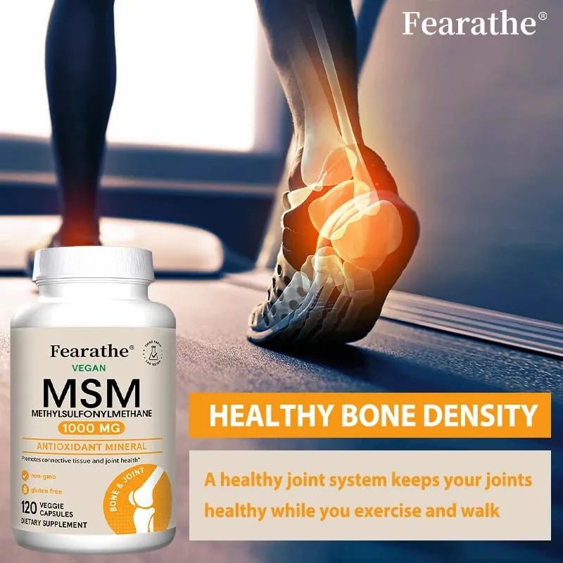 Fearathe Methylsulfonylmethane(MSM) 1000 مجم مضاد للأكسدة يعزز صحة المفاصل، امتصاص متوازن للكالسيوم، غير معدّل وراثيًا، خالي من الغلوتين