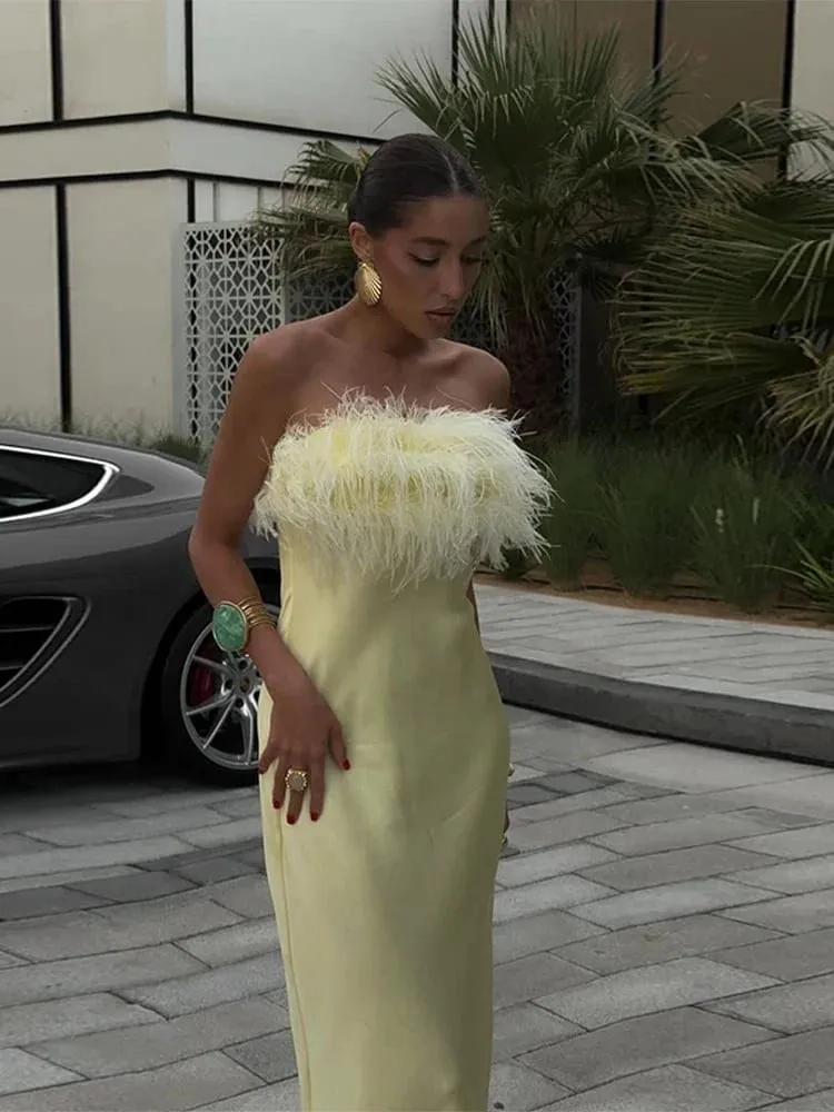 Geel Satijnen Fringe Maxi Jurk Vrouwen Elegante Strapless Mouwloze Taille Cinched Lange Jurken 2025 Nieuwe Zomer Vakantie Dame Gewaden — image 4
