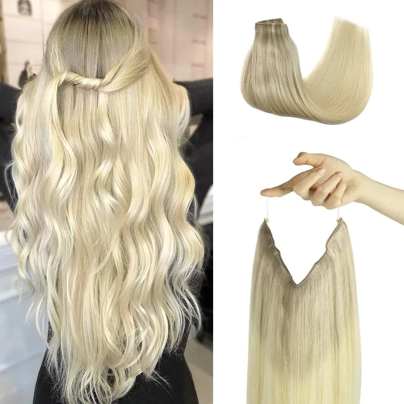 Sunmofavo Wire in Hair Extensions Real Human Hair Balayage Dark Brown to Chestnut Brown Invisible Fish Line Remy Blonde Weft