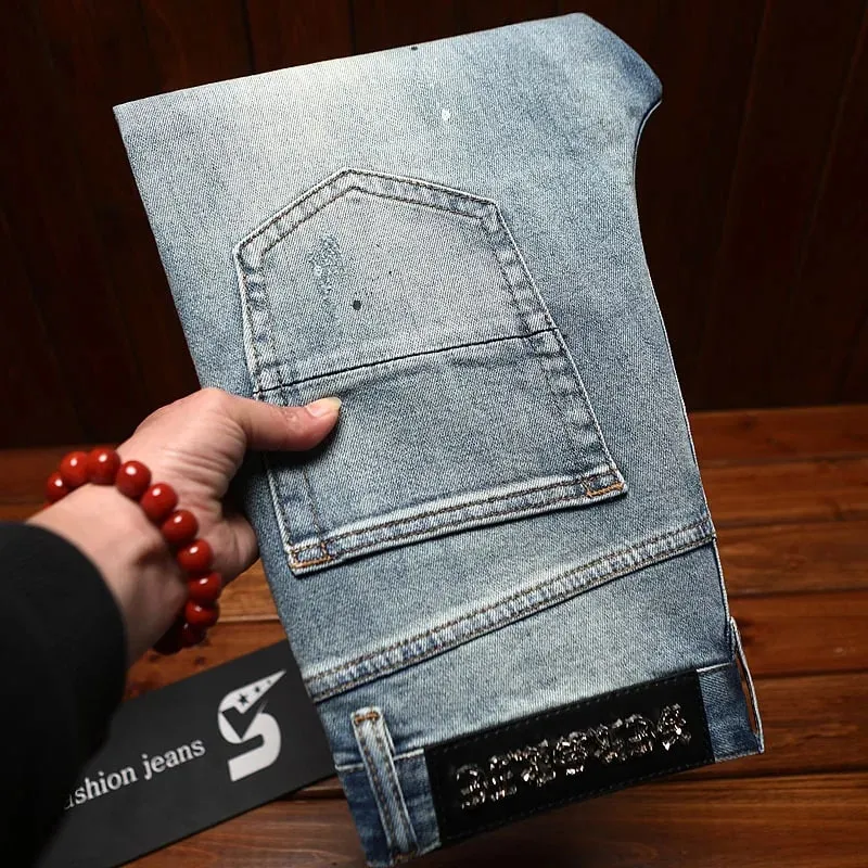 Ripped patch jeans for men scraped and worn summer slim fit small feet elastic fashionable nostalgic retro long pants