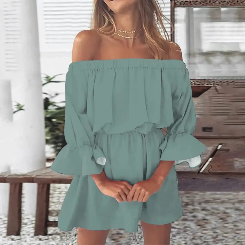 Sexy Off Shoulder Tunic Dress Women Solid Color Flare Sleeve Elastic Waisted Short Dresses Streetwear Midi Dress Ropa De Mujer