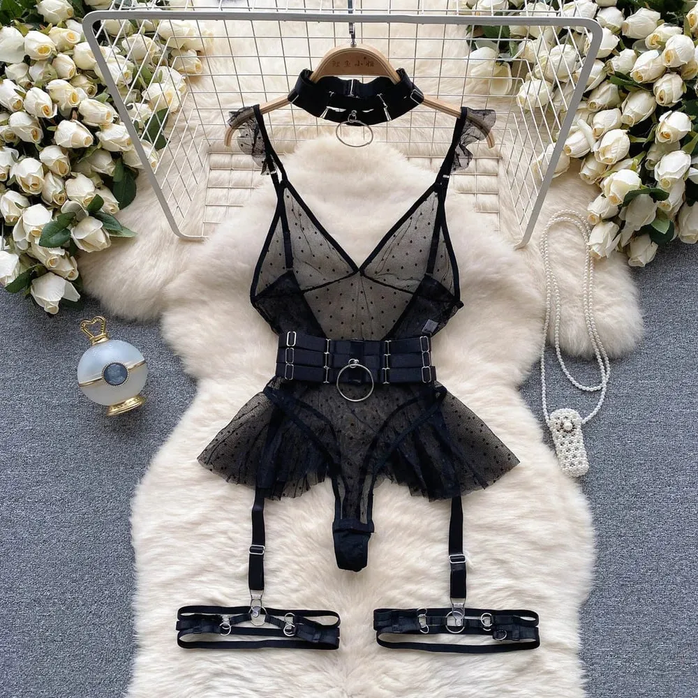 ssTss Ins trendy Girl Sexy Mesh Bottom Strap V-neck one-piece Top bodysuit women's Slimming Waist Ruffle Hemp Vest Jumpsuit — image 8