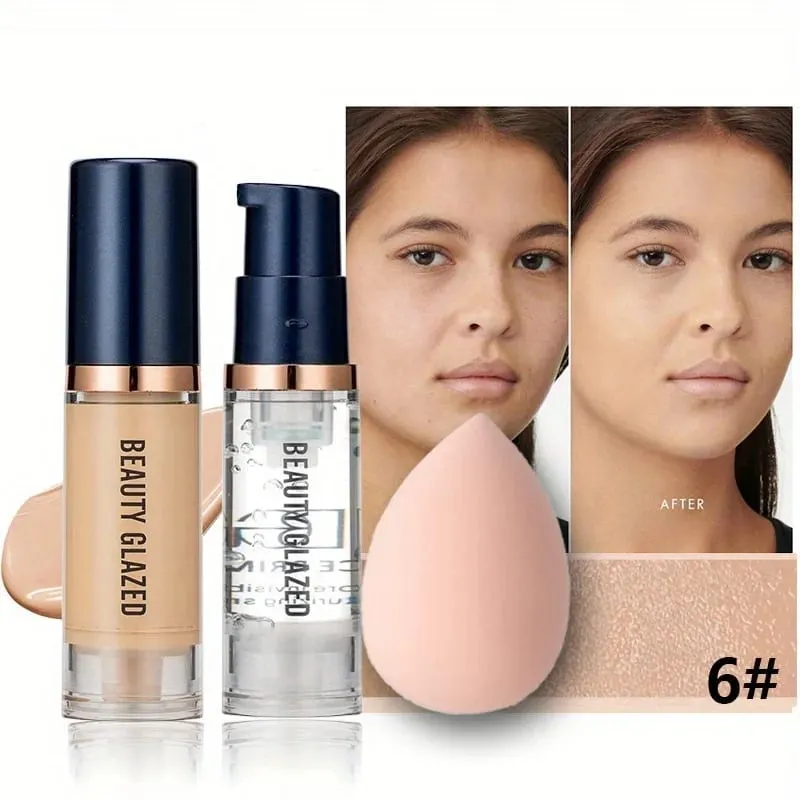 3Pcs Face Makeup Set Matte Long Lasting Waterproof Liquid Foundation+Primer+Puff