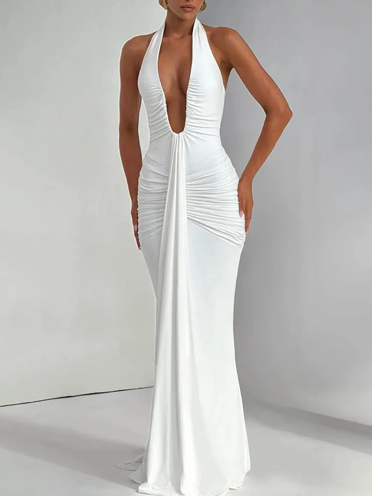 Mozision głęboki dekolt w szpic, drapowana, marszczona, seksowna sukienka Maxi, damska moda letnia Halter bez rękawów, bez pleców, klubowa długa sukienka na imprezę elegancka