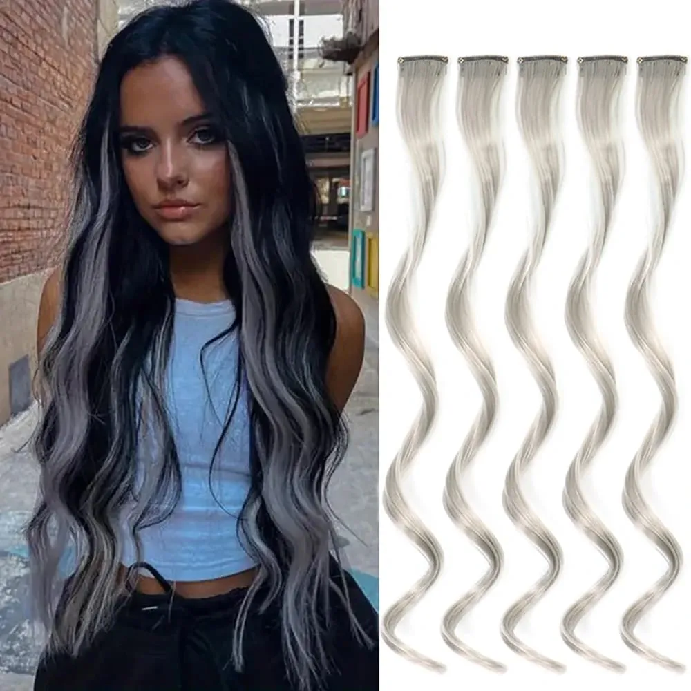 5Pcs Colored Hair Extensions Party Highlights Curly Wavy Hairpiece Clip In Synthetic Streak For Girls Women Halloween Wig — image 14
