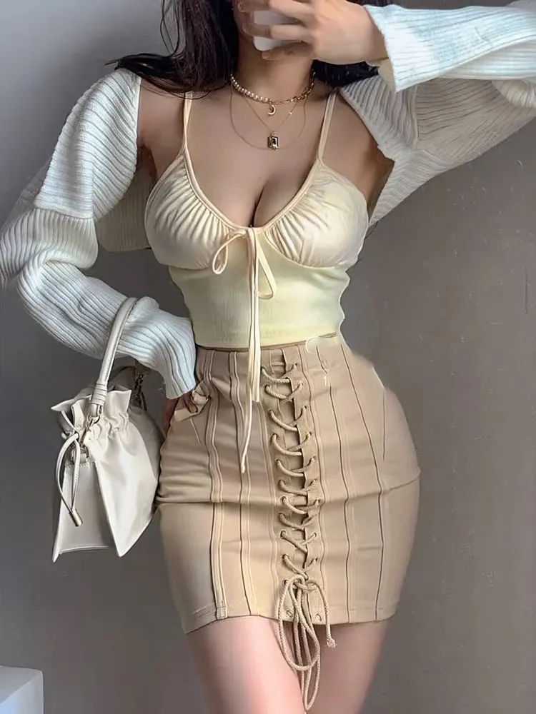 Sexy béžové základní topy podprsenky dámské tílko bez ramen s tenkým ramínkem 100% bavlna Prsatější spodní prádlo Roztomilé vpředu s mašlí se zavazováním — image 3