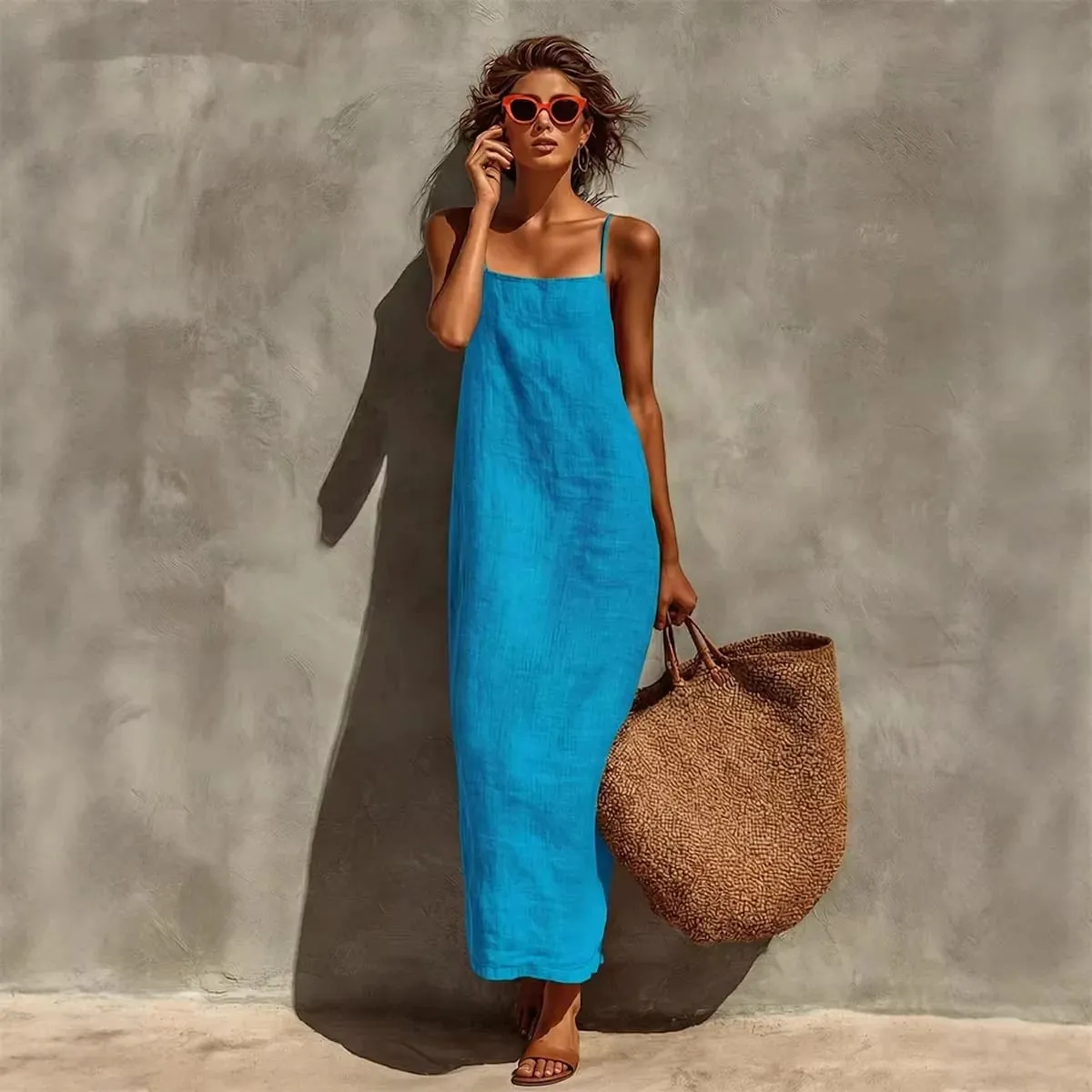 Yaz Kadın Düz Renk Rahat Rahat Kayma Sundress Kum Beachwear Backless Kolsuz Gevşek Maxi Uzun Tatil Elbiseleri — image 2