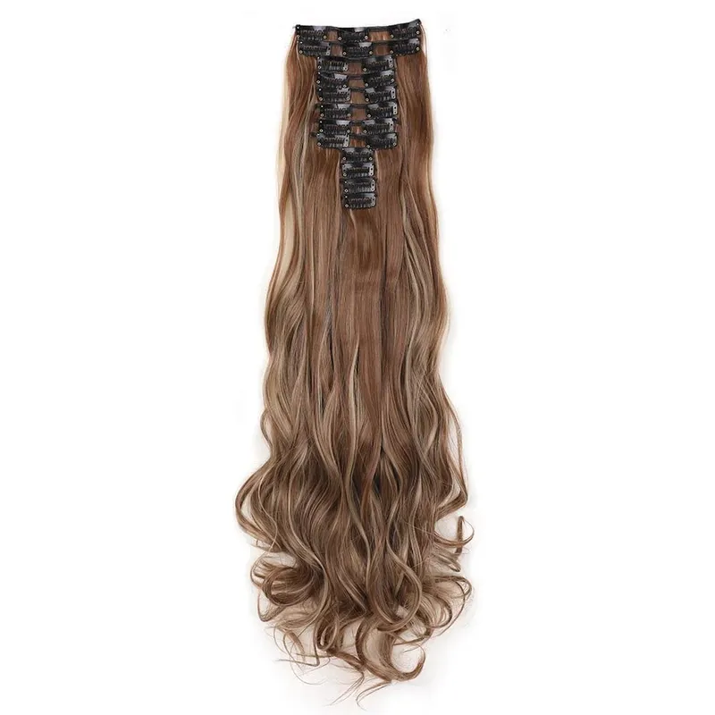 12pcs Highlight Balayage Dark Brown Hairpieces Clip in Hair Extensions 24inch Light Brown&Honey Blonde Synthetic Wavy Hair — image 11