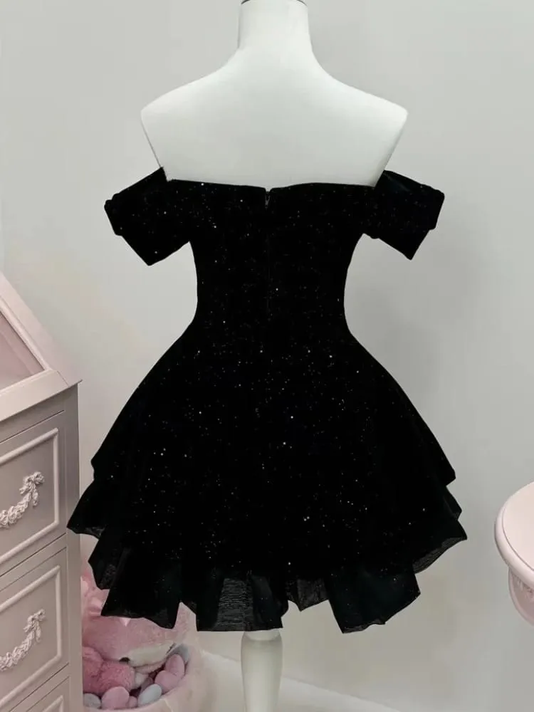 French Black Vintage One Piece Dress Woman Gothic Off Shoulder Bow Short Dresses Female Fairy Birthday Party Chic Outfit 2025 — image 3
