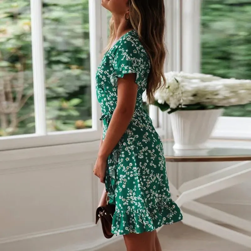 Customizable Women Dresses Summer Sexy V Neck Floral Print Boho Beach Dress Ruffle Short Sleeve A Line Mini Dress — image 4