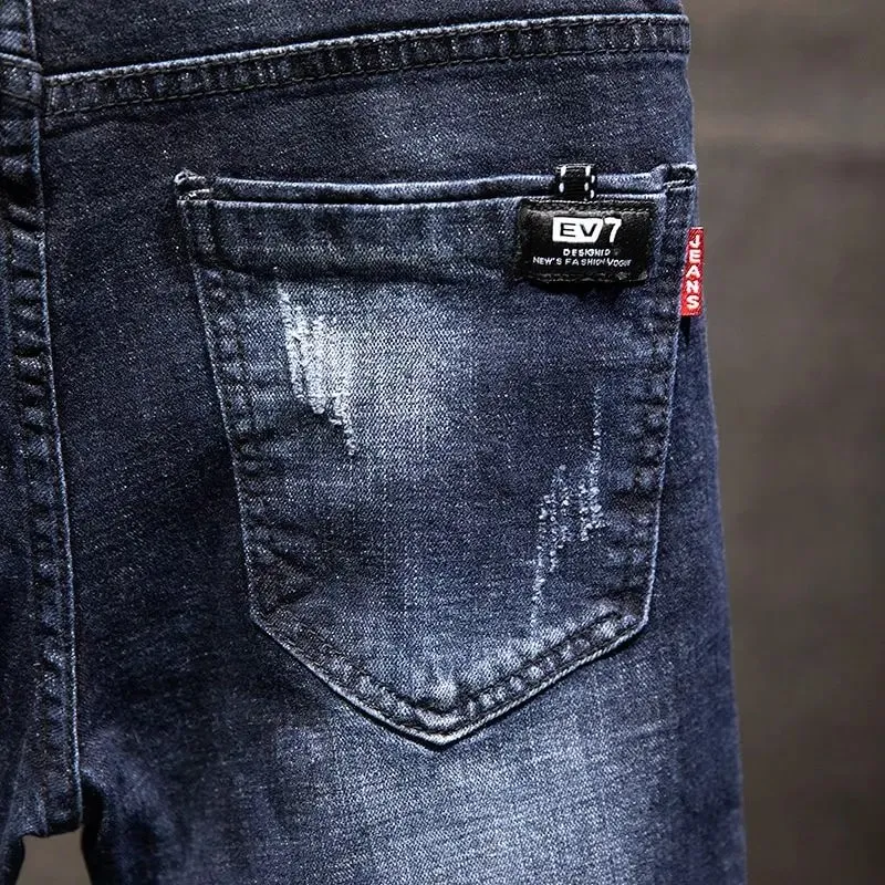 American Elastic Straight Jeans Men Ripped Worn-out Slim-fit Cotton Denim Pants Korean Style Fashion Blue Black Men's Clothing — image 8