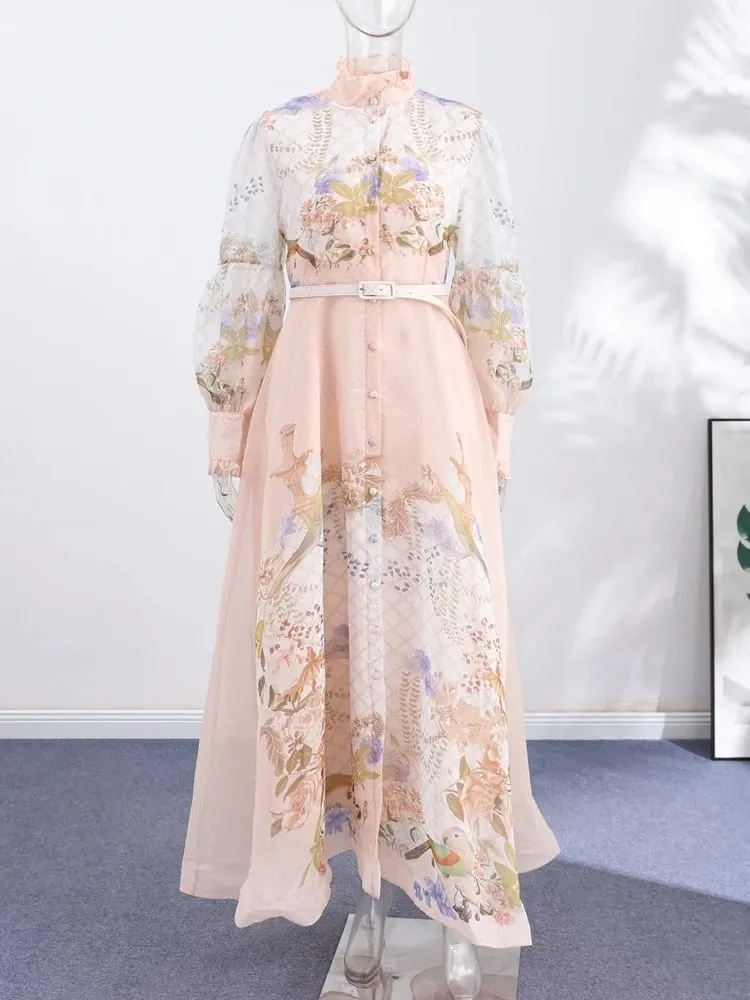 ลูกไม้พิมพ์ชุดสตรี Elegant ครึ่งคอหลวมเดี่ยวเข็มขัดหญิงกระโปรง 2026 ฤดูร้อน Lady Draped robe