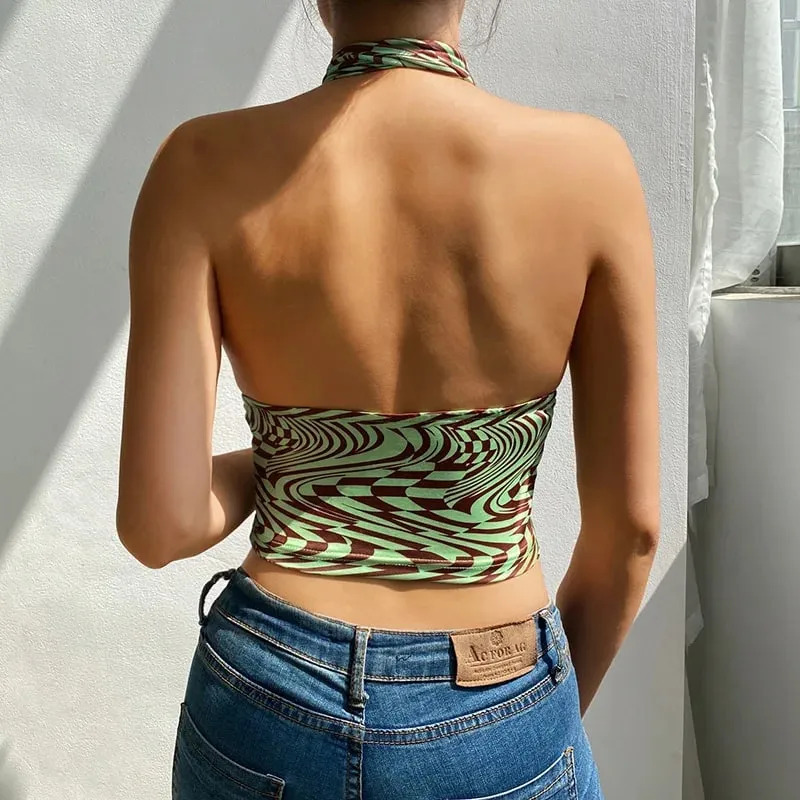 Sexy Abstract Ripple Cross Bandage Halter Crop Tops Women Backless Camisole Fashion Tube Top Female Sleeveless Cropped Vest — image 5