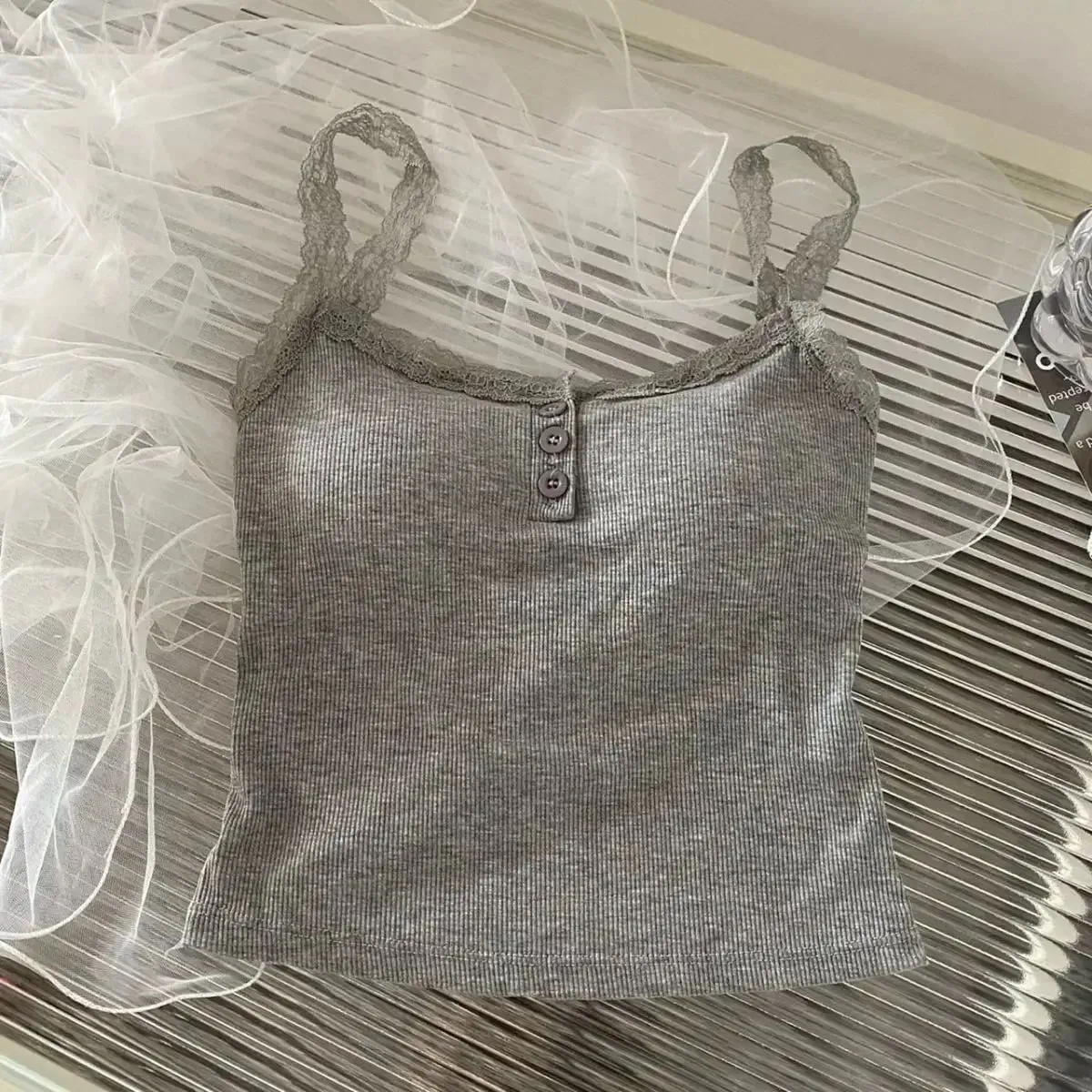 2024 Solid Color Knit Tank Top Vest Women Female Slim Undershirt Sexy Lace Camisole With Chest Pad Crop Tops Sleeveless T Shirt — image 12
