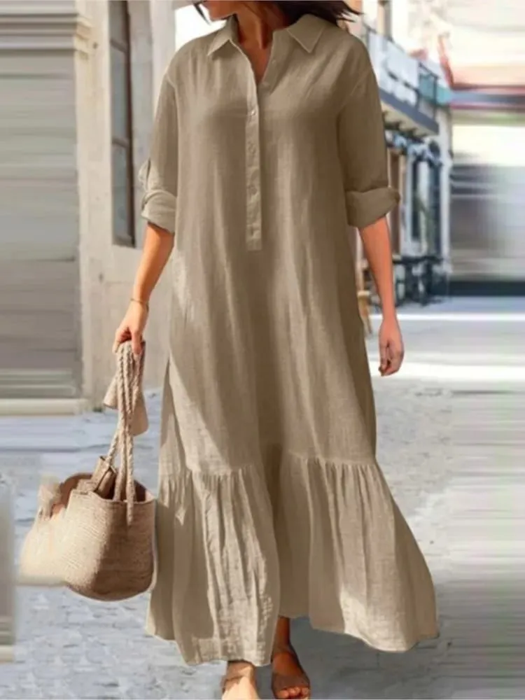 Cotton Linen Long Dress Women Long Sleeve Button Solid Color Casual Ruffles Loose Dresses Spring Autumn Comfortable Shirt Dress — image 1
