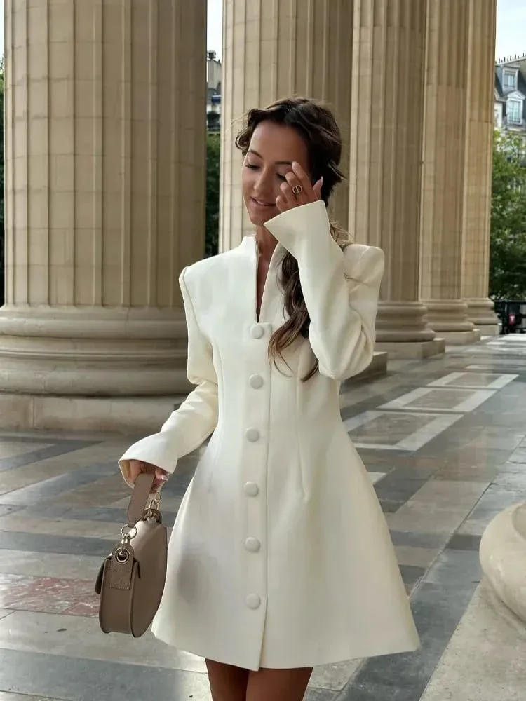 Mini vestido liso de corte en A con una hilera de botones, Vestidos elegantes de cintura alta con cuello en V y manga larga para mujer, Vestidos de calle para ir al trabajo 2026