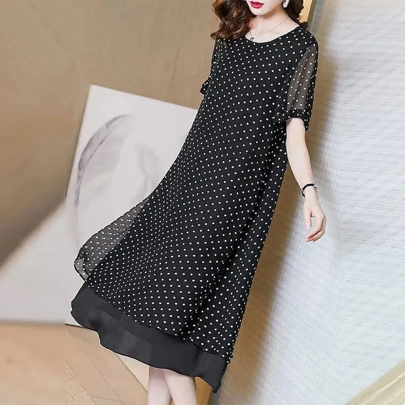 Summer Short Sleeves Covering Belly High End Chiffon Dress 2026 New Large Size Loose Dot French Style Long Dress Women Vestidos — image 1