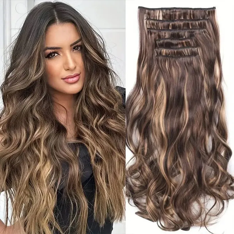 Clip-in-Haarverlängerung, lang, gewellt, Kunsthaar, 61 cm, Schwarz, 6 Stück, dicke Haarteile, Faser-Doppelschusshaar für Frauen — image 11