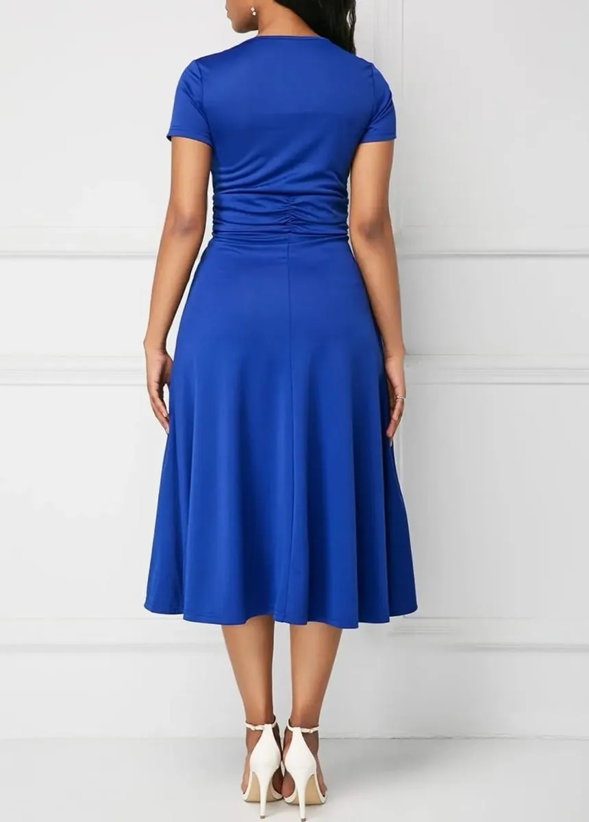 Elegant Women Solid Color Short Sleeve V Neck Asymmetric Hem Waist Tight Midi Party Dress Ladies Evening Vestidos DF4916 — image 3