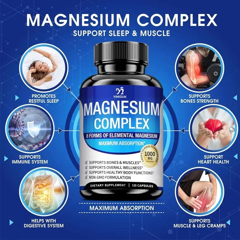 Suplemen Kompleks Magnesium 1000mg -Magnesium Glycinate Citrate Malate Taurate Chelated untuk Tenaga Pemulihan Otot Tulang