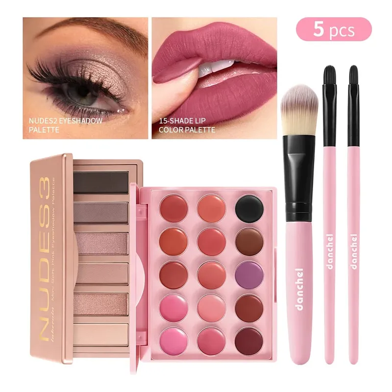 5Pcs Beginner Full Face All In One Makeup Set Lipstick Palette Eyeshadow Palette 3Pcs Makeup Brushes Face Cosmetic Kit