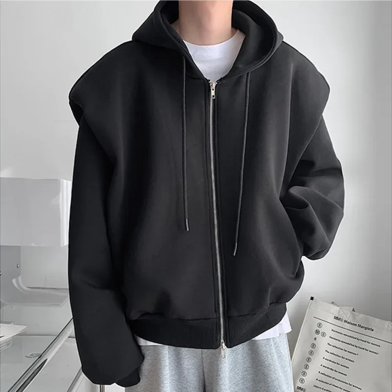 2024 Autumn New Padded Shoulder Design Solid Streetwear Men Double Zip-up Hooded Sweatshirts Harajuku Casual Daily Hoodies — image 5