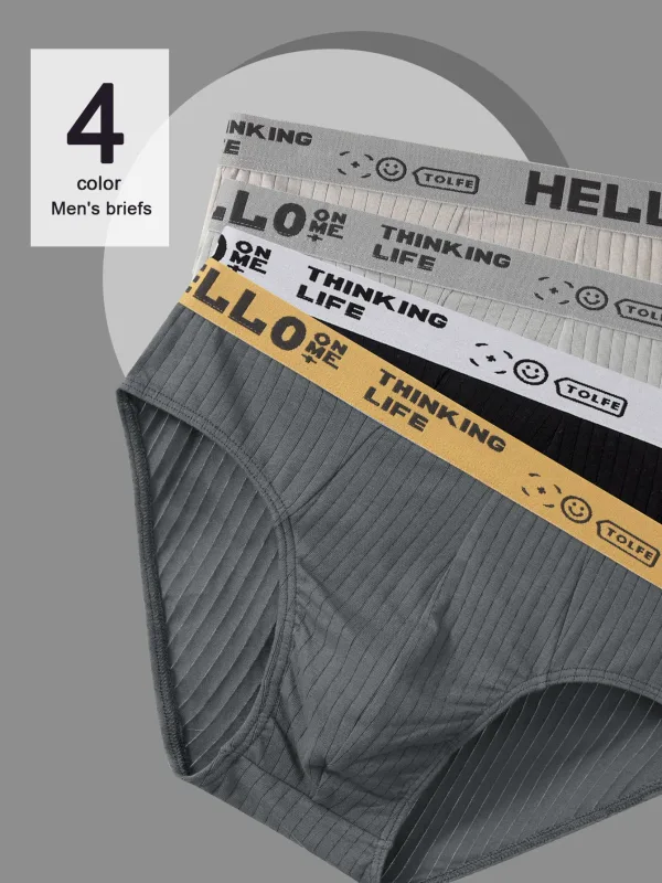 4-Pack Men's Cotton Briefs - “HELLO” & “THINKING LIFE” Waistbands, 4 Colors — image 7