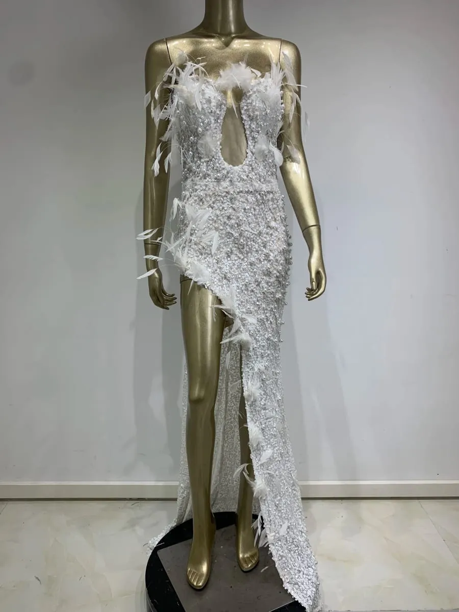 Luxury Sexy Strapless Feather Sequins White Pearl Maxi Long Women Gowns Dress 2024 Elegant Party Evening Stage Performance Dress — image 3