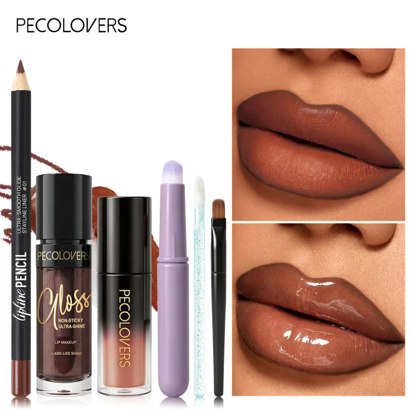 6PCS/SET Lip Makeup Set Smooth Lip Liner Glass Shine Lip Gloss & Lip Brushes Long Wear Hydrating Lip Makeup for Beginners